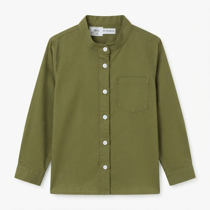 Boys Olive Green Mandarin Collar Casual Full-Sleeve Shirt