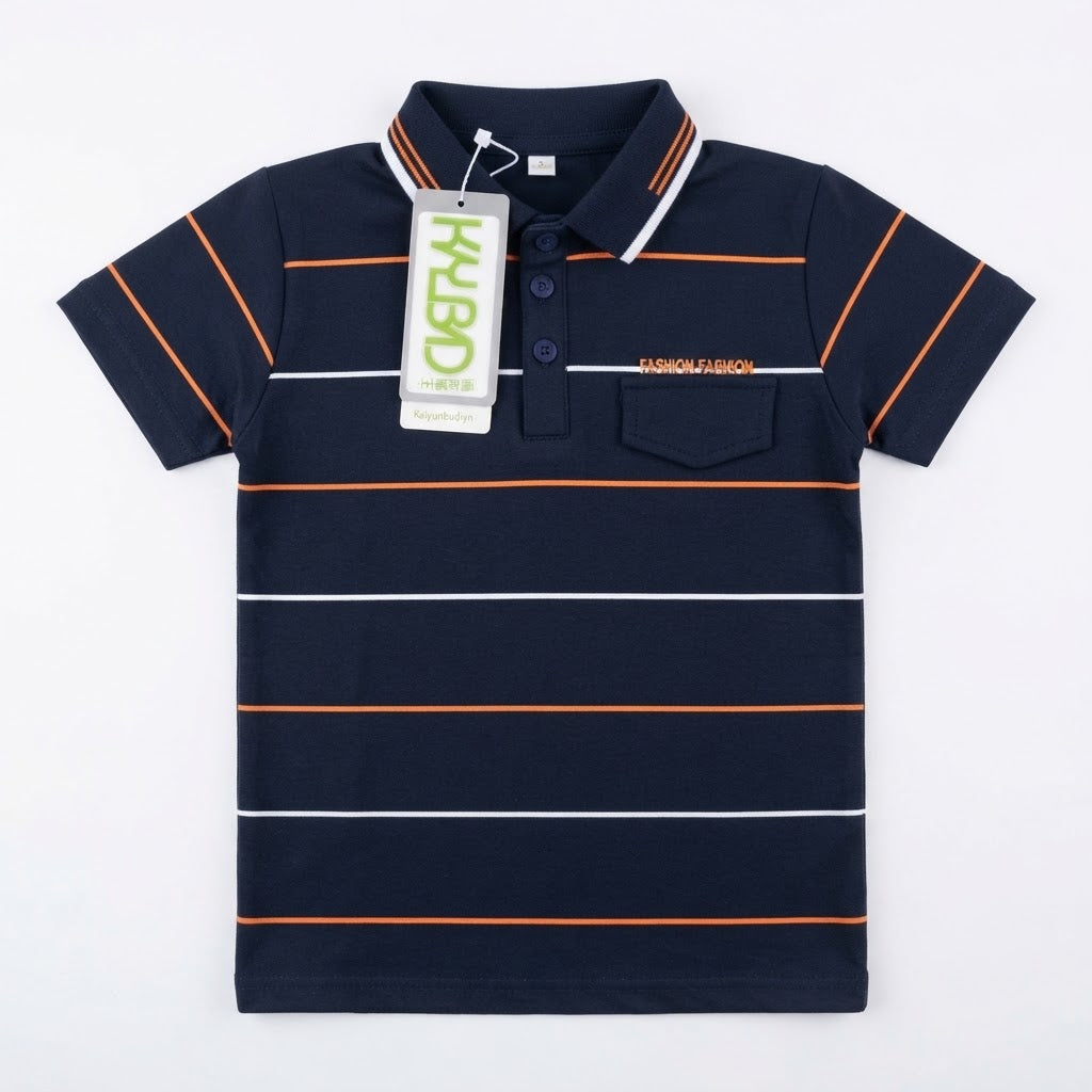 Navy Blue Striped Boys Polo Shirt with Pocket | Smart Casual Kids Wear