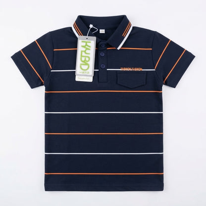Navy Blue Striped Boys Polo Shirt with Pocket | Smart Casual Kids Wear