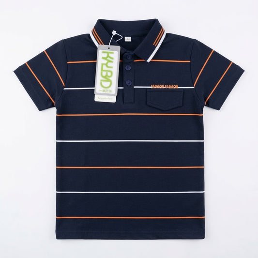Navy Blue Striped Boys Polo Shirt with Pocket | Smart Casual Kids Wear