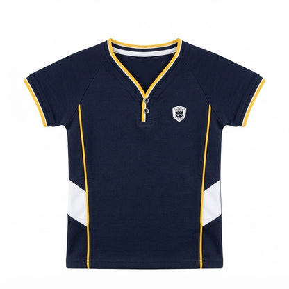 Boys Navy Blue & Yellow Accent V-Neck T-Shirt | Stylish Casual Kids Wear