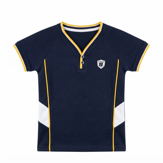 Boys Navy Blue & Yellow Accent V-Neck T-Shirt | Stylish Casual Kids Wear