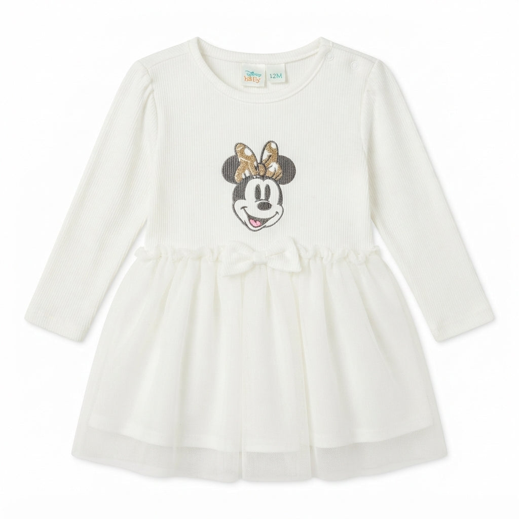 Baby Girls Off-White Disney Minnie Mouse Long-Sleeve Ribbed Tulle Party Dress