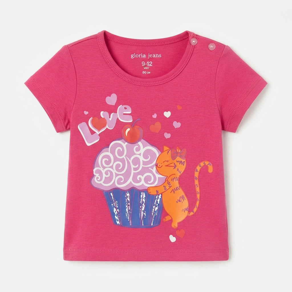 Baby Girls "LOVE" Cupcake & Cute Cat Graphic Print Cotton Short-Sleeve T-Shirt