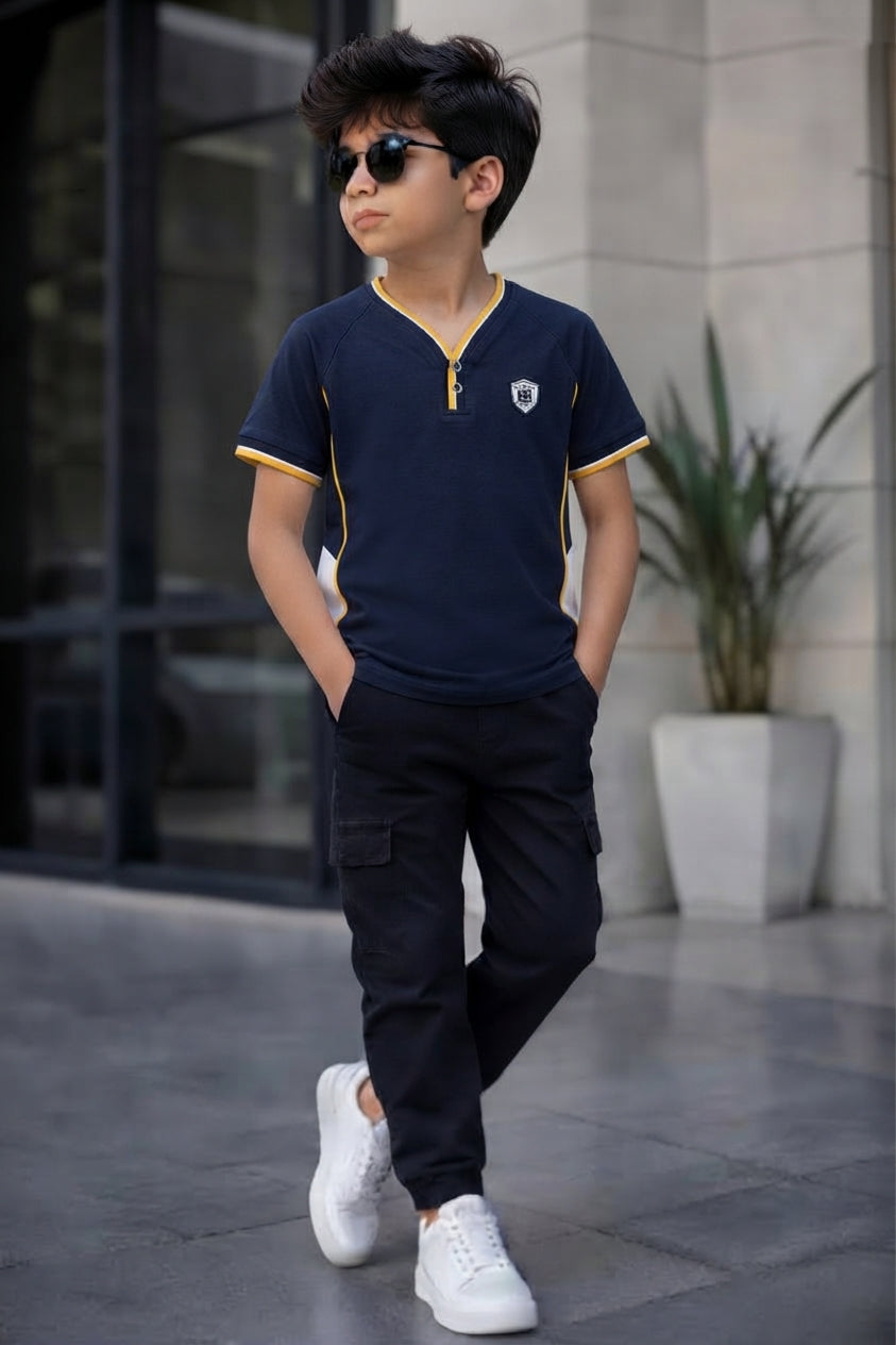 Boys Navy Blue & Yellow Accent V-Neck T-Shirt | Stylish Casual Kids Wear