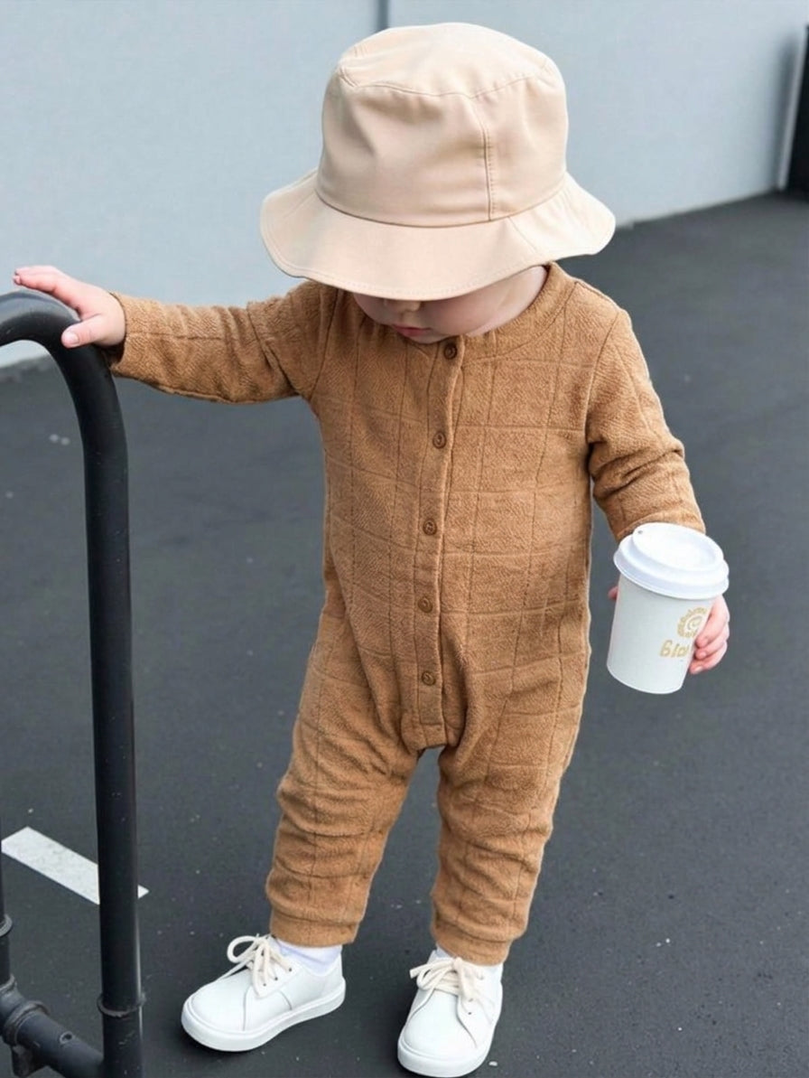 Baby Neutral Tan Grid-Textured Long-Sleeve Button-Front Romper Sleepsuit