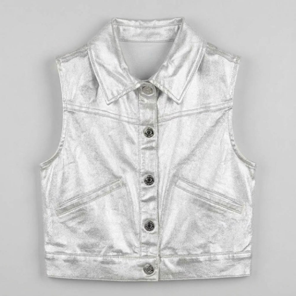 Girls Metallic Silver Sleeveless Denim Vest Jacket (Only Vest)