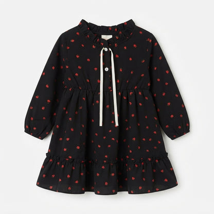 Girls Black & Red Floral Print Long-Sleeve Ruffle Tiered Party (Only Shirt)