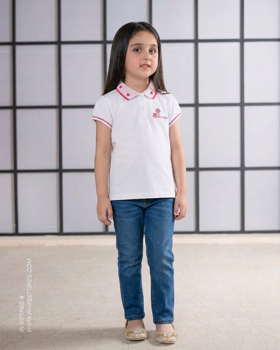 Girls White Cotton Polo Shirt with Pink Heart Collar & "Beautiful" Embroidery