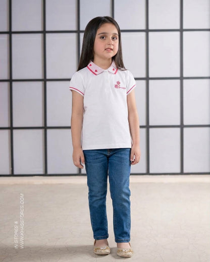 Girls White Cotton Polo Shirt with Pink Heart Collar & "Beautiful" Embroidery