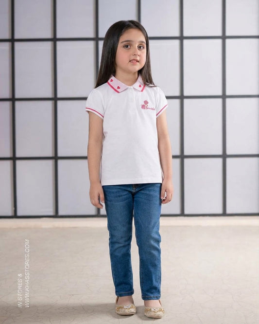 Girls White Cotton Polo Shirt with Pink Heart Collar & "Beautiful" Embroidery