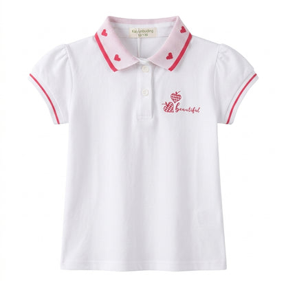 Girls White Cotton Polo Shirt with Pink Heart Collar & "Beautiful" Embroidery