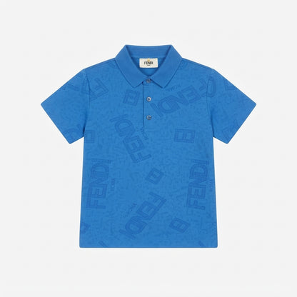 Fendi Kids Blue All-Over Logo Print Cotton Polo Shirt