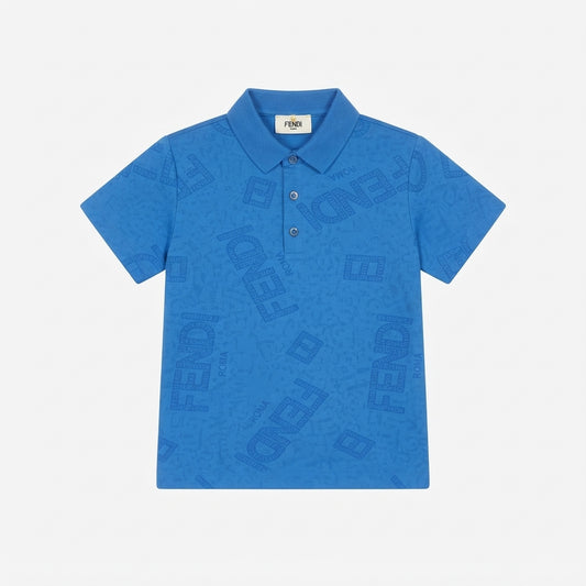 Fendi Kids Blue All-Over Logo Print Cotton Polo Shirt