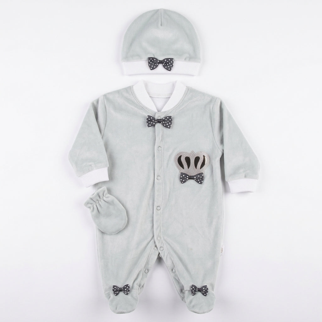 Baby Boy Light Grey Velvet Rhinestone Crown Sleepsuit Set with Cap and Mittens (3-Piece