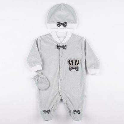 Baby Boy Light Grey Velvet Rhinestone Crown Sleepsuit Set with Cap and Mittens (3-Piece