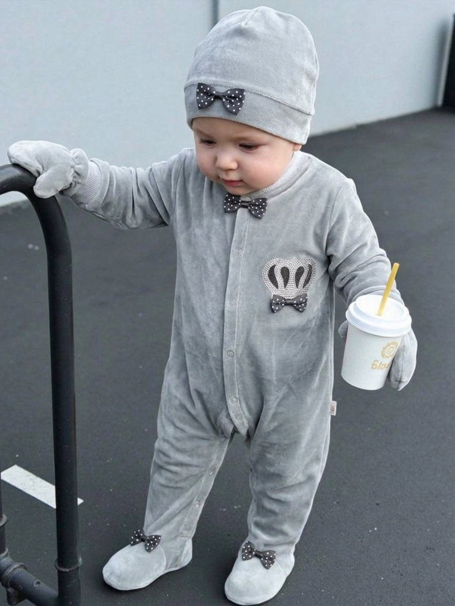 Baby Boy Light Grey Velvet Rhinestone Crown Sleepsuit Set with Cap and Mittens (3-Piece
