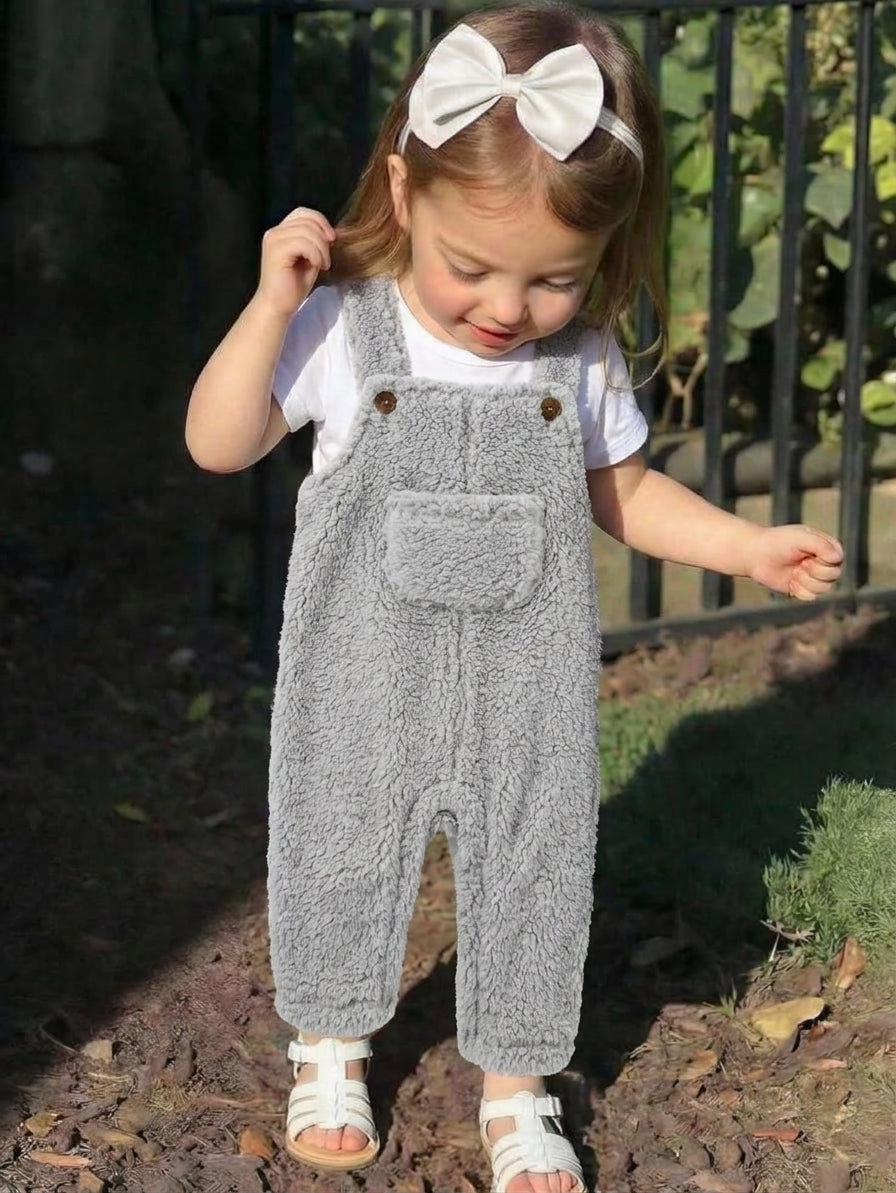 Baby Grey Sherpa Fleece Overalls with Front Pocket & Button Straps