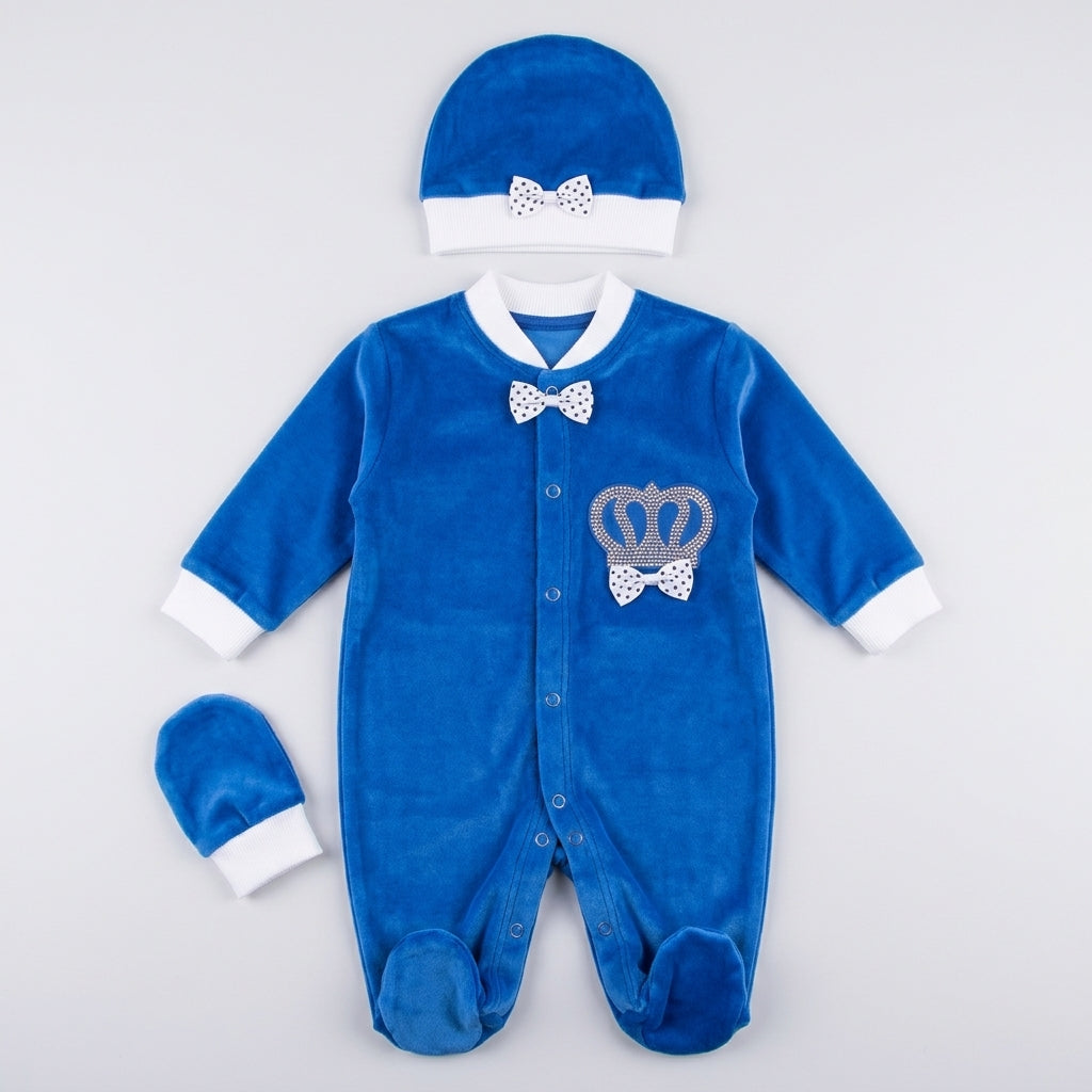 Baby Boy Royal Blue Velvet Rhinestone Crown Sleepsuit Set with Cap and Mittens (3-Piece)