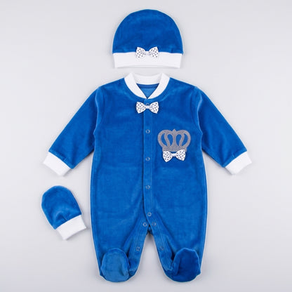 Baby Boy Royal Blue Velvet Rhinestone Crown Sleepsuit Set with Cap and Mittens (3-Piece)