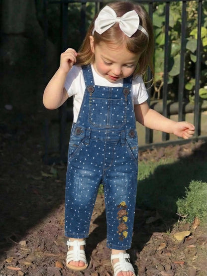 Baby Girls Polka Dot Denim Overalls with Floral Embroidery & Button Straps