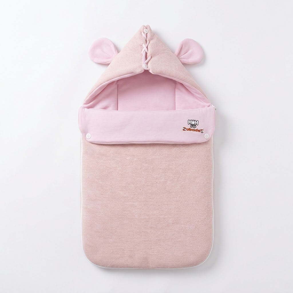 Baby Dusty Pink Textured Hooded Sleeping Bag Carry Nest with 3D Ears