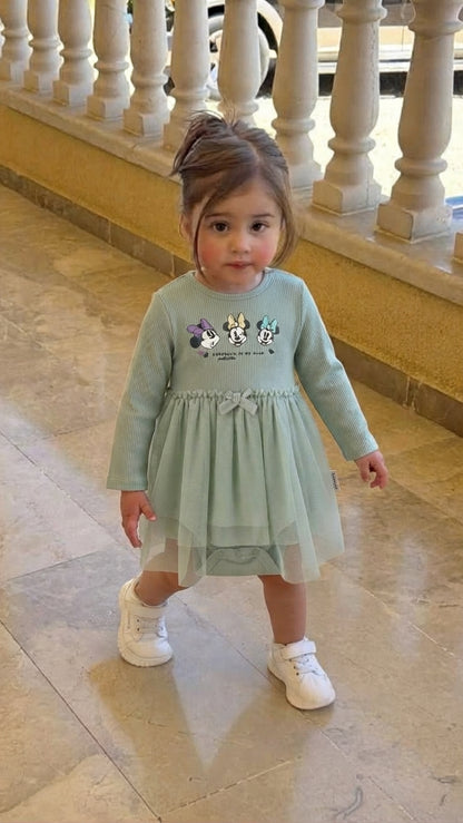 Baby Girls Sage Green Disney Minnie Mouse Long-Sleeve Ribbed Tulle Romper Dress