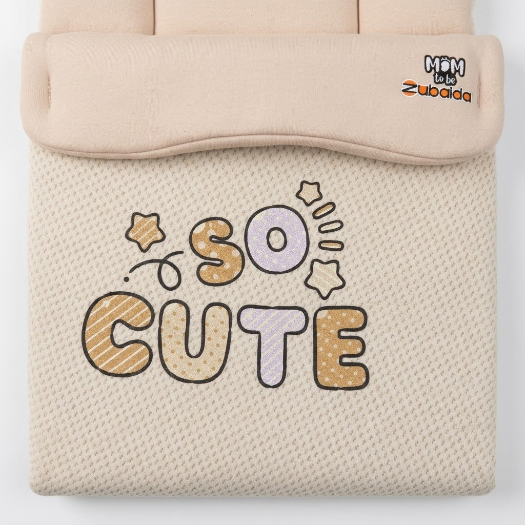 Baby Cream & Beige "SO CUTE" Graphic Textured Hooded Sleeping Bag Carry Nest