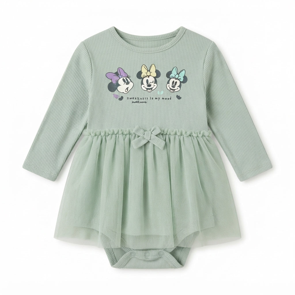 Baby Girls Sage Green Disney Minnie Mouse Long-Sleeve Ribbed Tulle Romper Dress