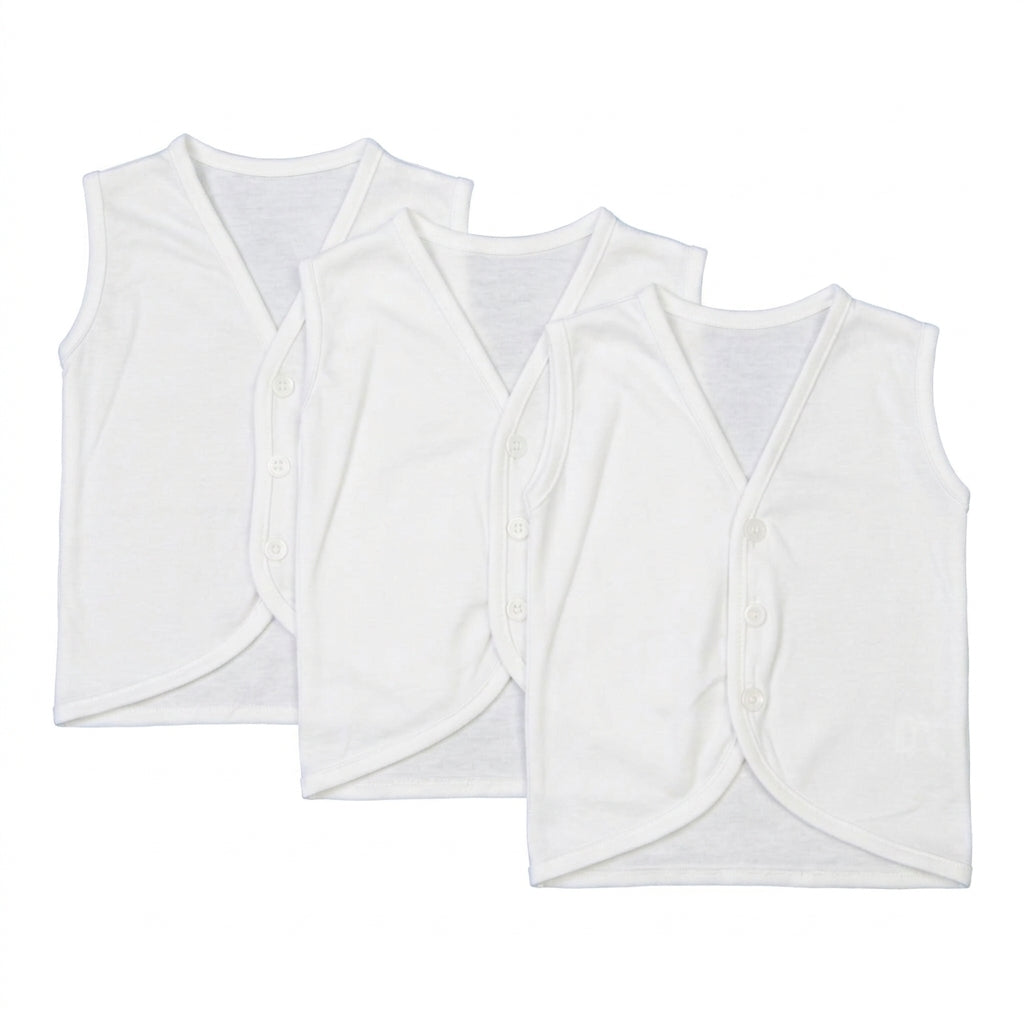 Newborn Baby White Cotton Front-Button Sleeveless Vests (Pack of 3)