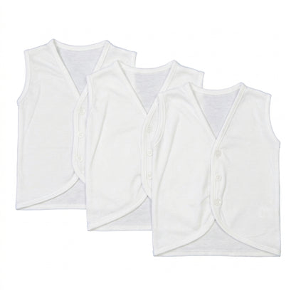 Newborn Baby White Cotton Front-Button Sleeveless Vests (Pack of 3)