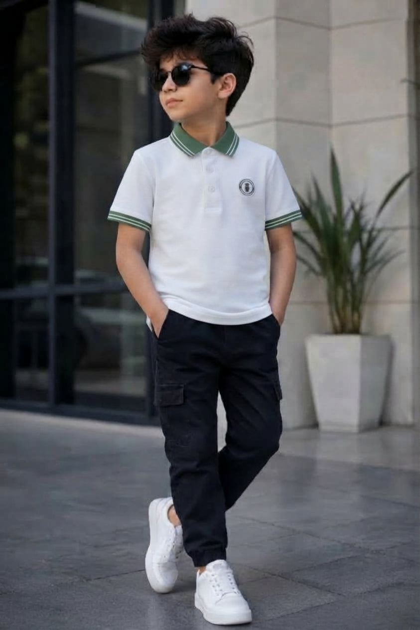 Boys White Polo Shirt with Green Striped Collar and Chest Patch