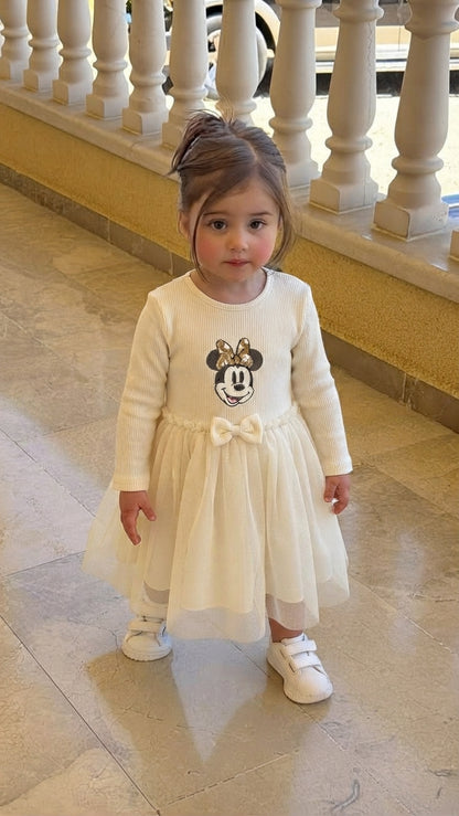 Baby Girls Off-White Disney Minnie Mouse Long-Sleeve Ribbed Tulle Party Dress