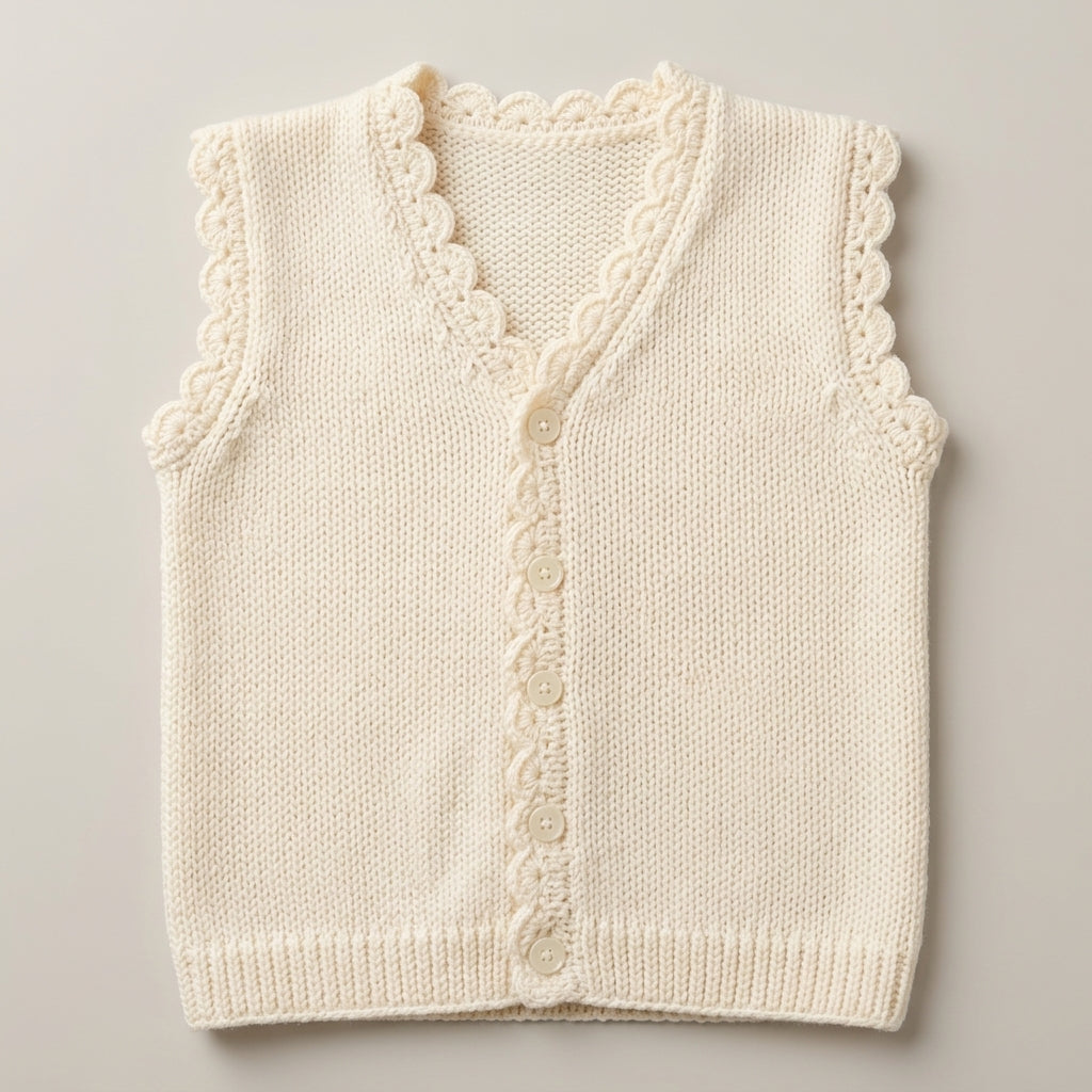 Handmade Knitted Baby Vest / Sweater with Scalloped Trim & Button Front