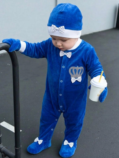 Baby Boy Royal Blue Velvet Rhinestone Crown Sleepsuit Set with Cap and Mittens (3-Piece)