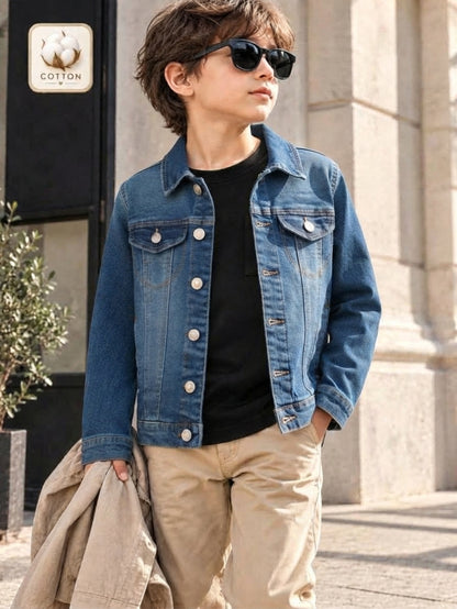 Kids Classic Blue Denim Jacket with Metal Button Closure and Chest Pockets