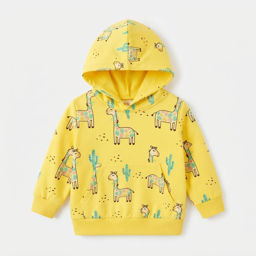 Kids Yellow Giraffe & Cactus Print Fleece Hoodie with Kangaroo Pocket