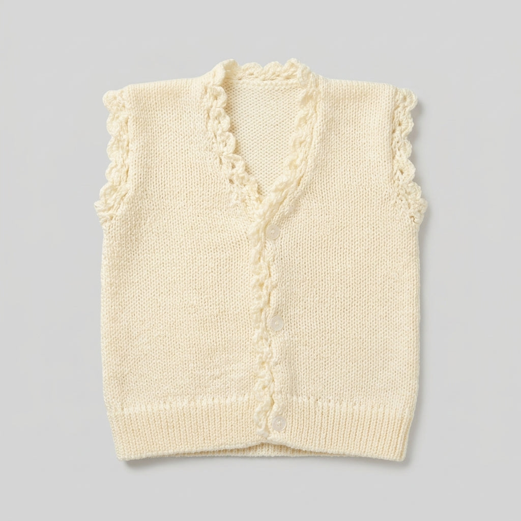 Handmade Knitted Baby Vest / Sweater with Scalloped Trim & Button Front