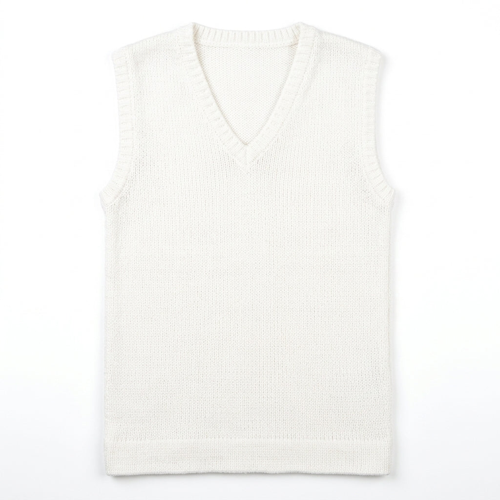 Hand-Knitted Off-White Baby Sleeveless V-Neck Vest with Textured Trim