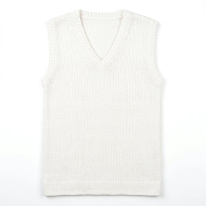Hand-Knitted Off-White Baby Sleeveless V-Neck Vest with Textured Trim