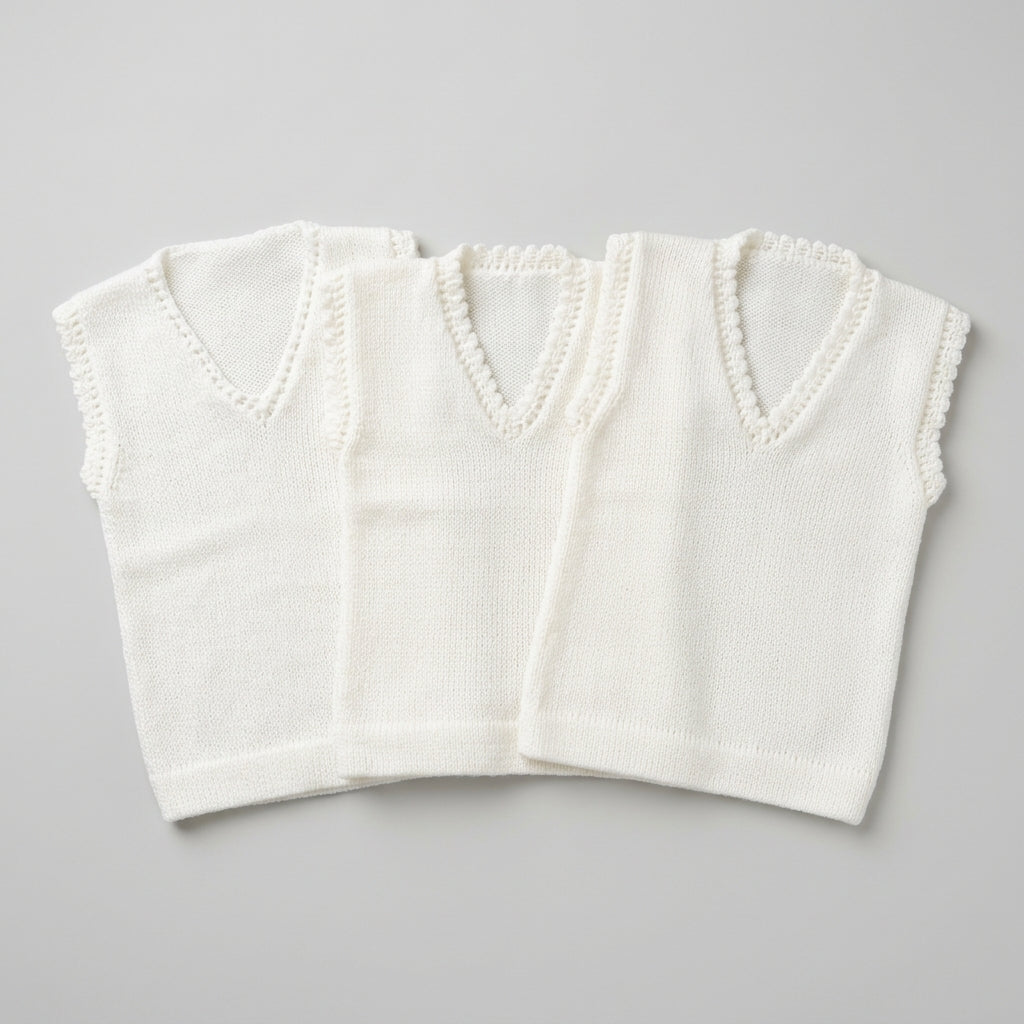 Hand-Knitted Off-White Baby Sleeveless V-Neck Vest with Textured Trim