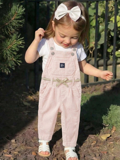 Baby Girls Pink Striped Corduroy Overalls with Gold Glitter Bow Belt