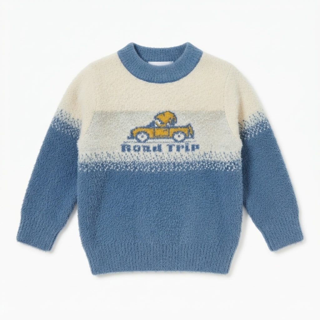 Kids Blue & White Colorblock "Road Trip" Graphic Knit Sweater