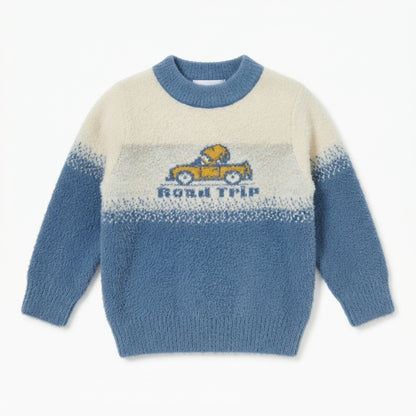 Kids Blue & White Colorblock "Road Trip" Graphic Knit Sweater