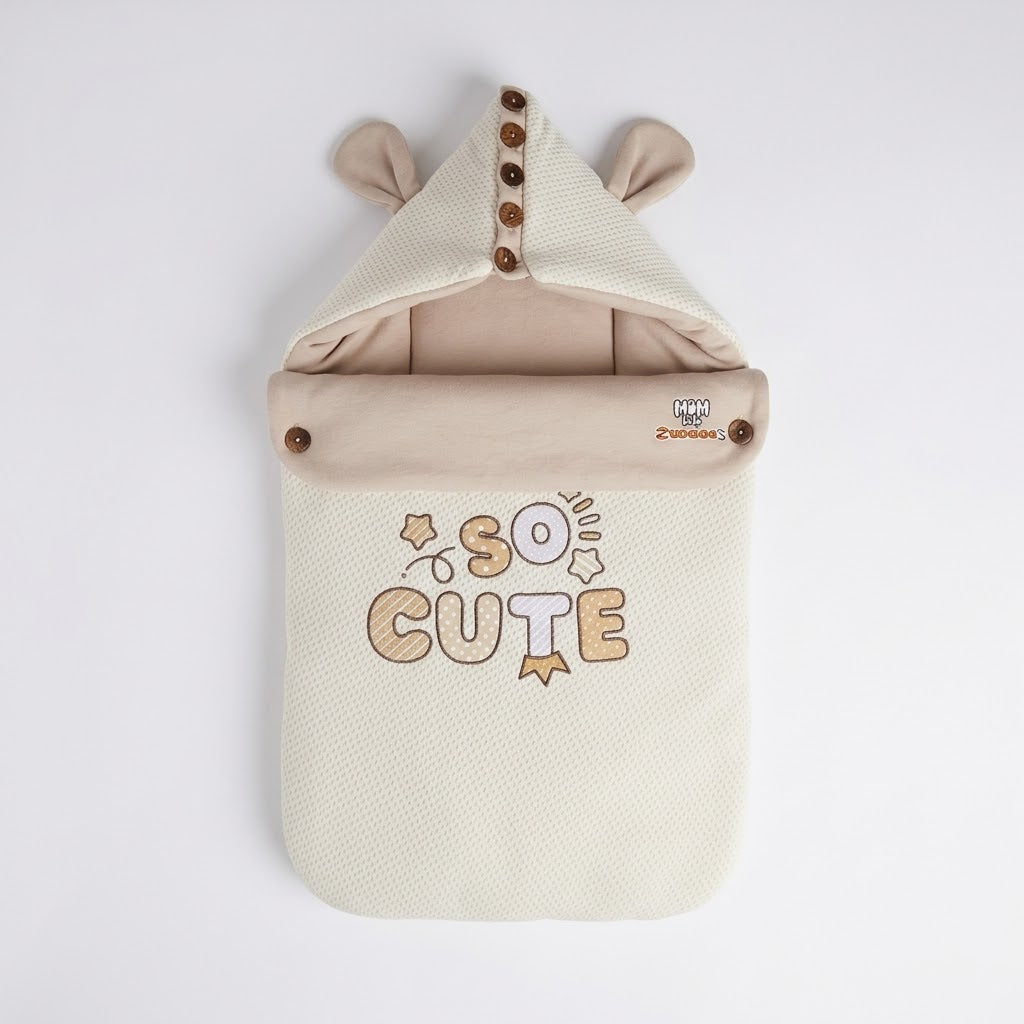 Baby Cream & Beige "SO CUTE" Graphic Textured Hooded Sleeping Bag Carry Nest