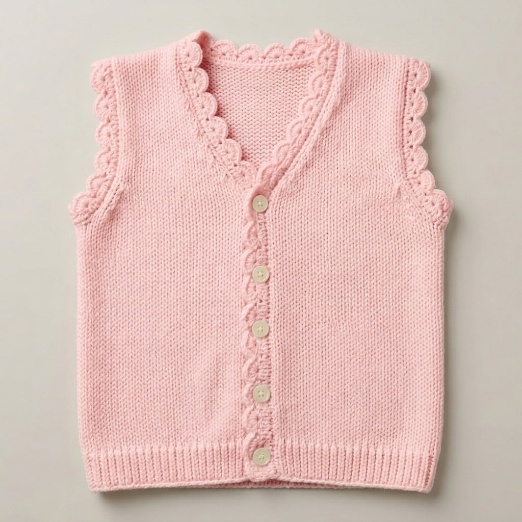 Handmade Knitted Baby Vest / Sweater with Scalloped Trim & Button Front