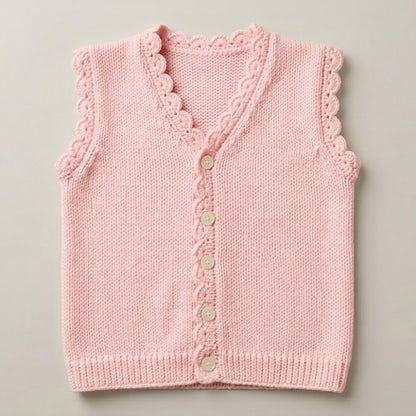Handmade Knitted Baby Vest / Sweater with Scalloped Trim & Button Front
