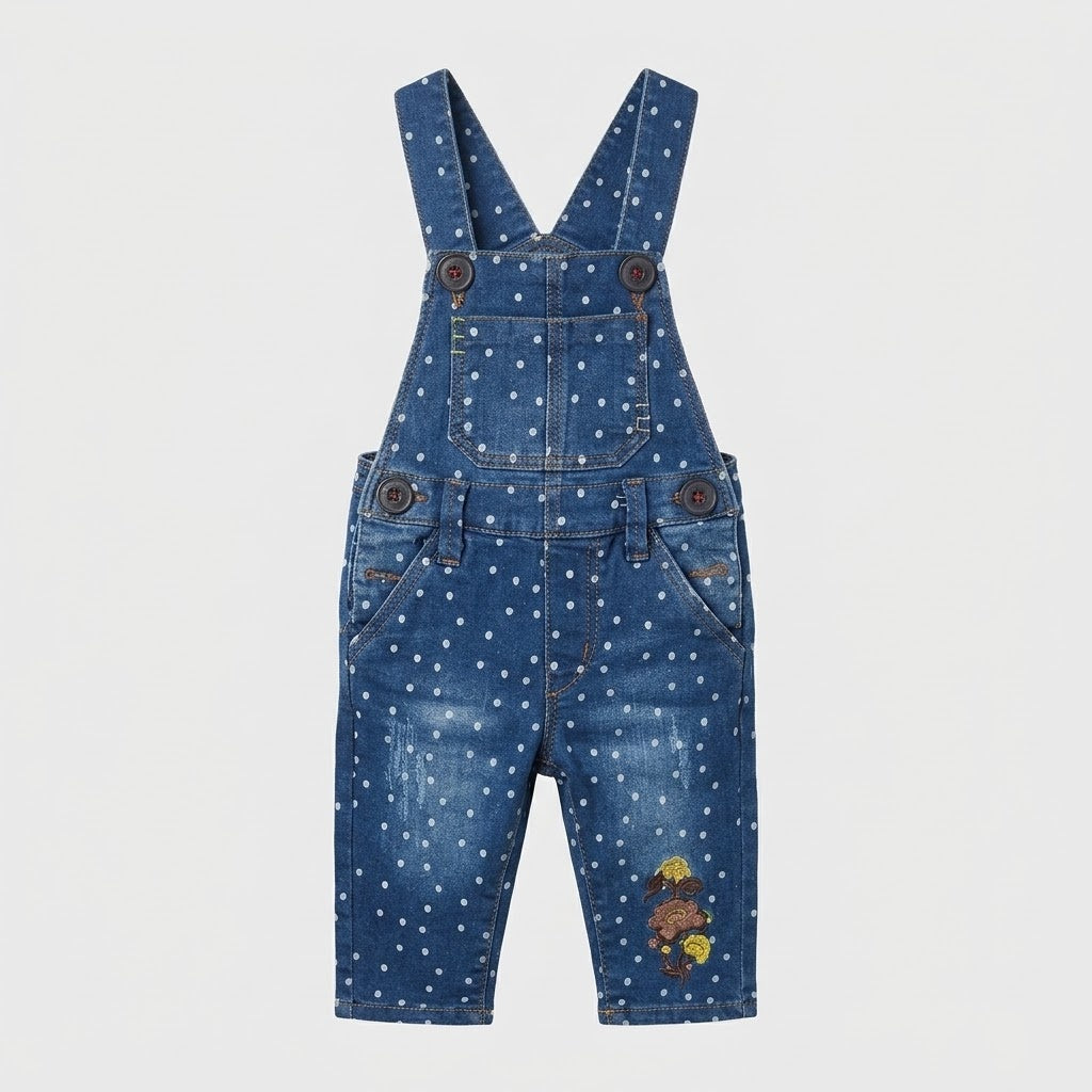 Baby Girls Polka Dot Denim Overalls with Floral Embroidery & Button Straps