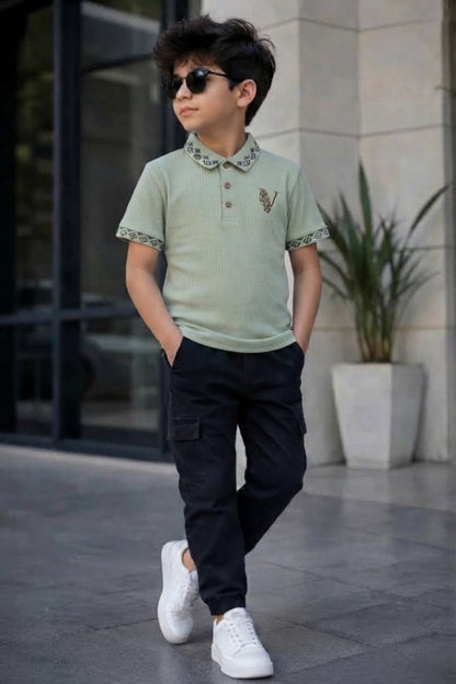 Boys Casual Sage Green Polo Shirt With Patterned Collar & Cuffs