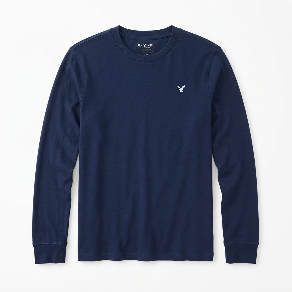 Boys Classic Navy Blue Long-Sleeve T-Shirt with White Bird Chest Logo